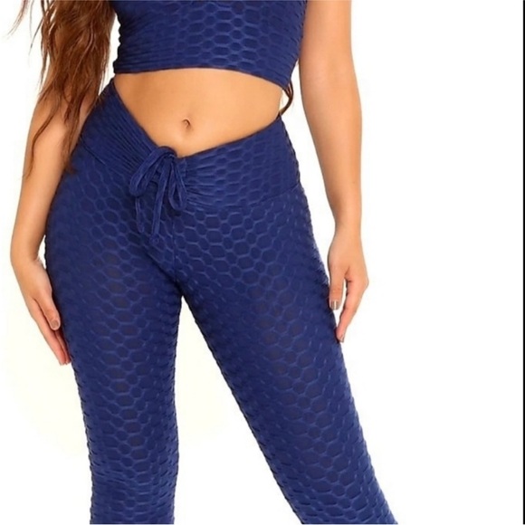 Fashion Nova 2 piece matching set navy blue honeycomb tank scrunch leggings M - Picture 5 of 8